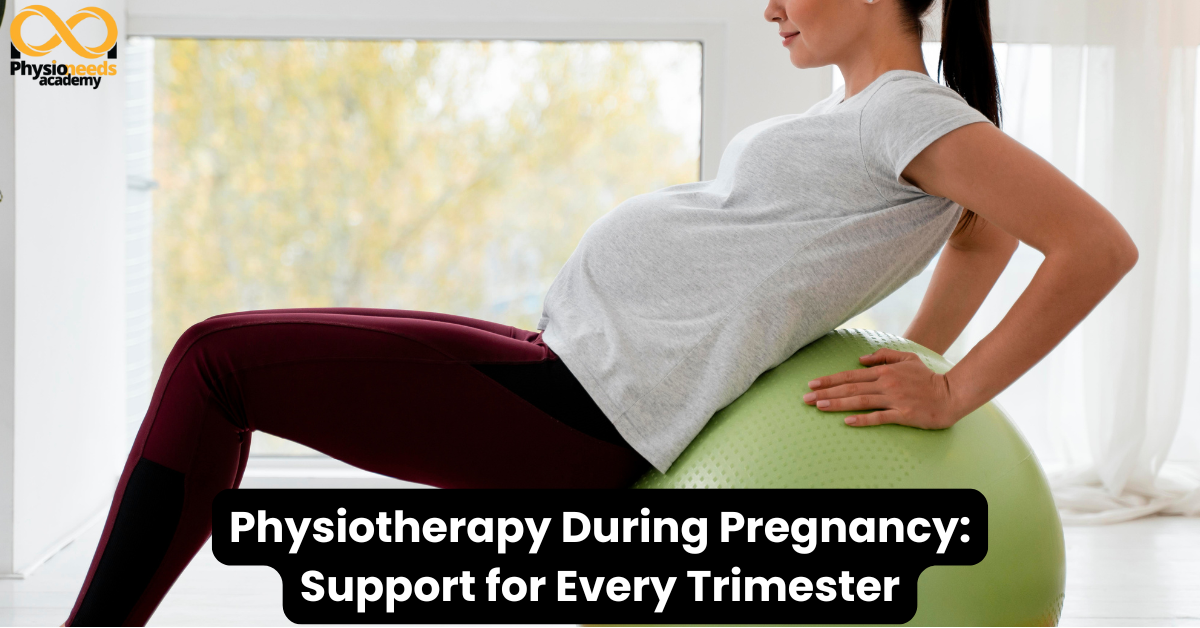 Pregnant woman exercising on a stability ball as part of Physiotherapy During Pregnancy for strength, posture, and pelvic floor support."