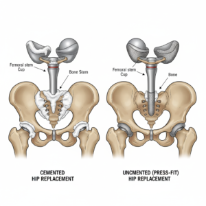 Cemented and uncemented hip replacement